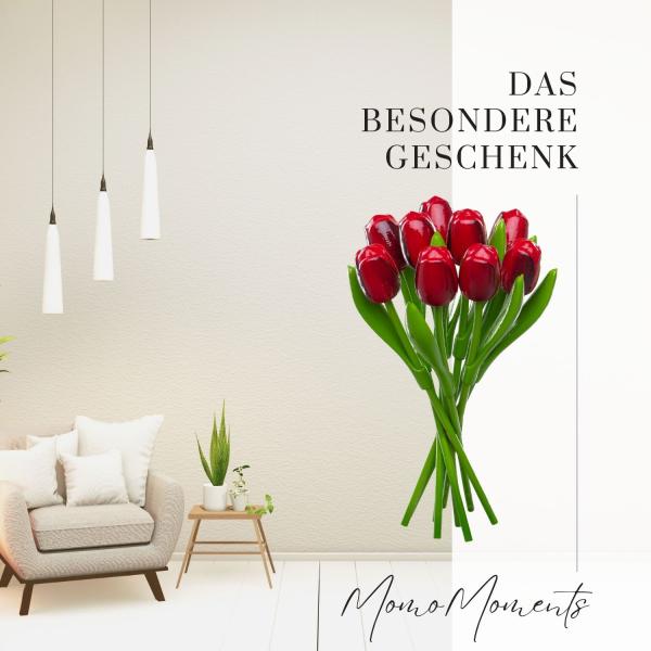 Tulip bouquet made of wood - 9 hand-painted wooden tulips, 34 cm tall, red/aubergine, wooden flower decoration, made in Holland